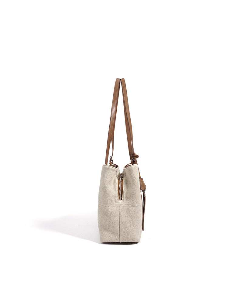 High-End Design Women's Bag 100% Genuine Leather and Linen Fabric Single Shoulder Bag Niko
