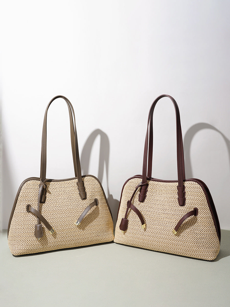 High-End Design Women's 100% Genuine Leather Straw Woven Bag Pisa