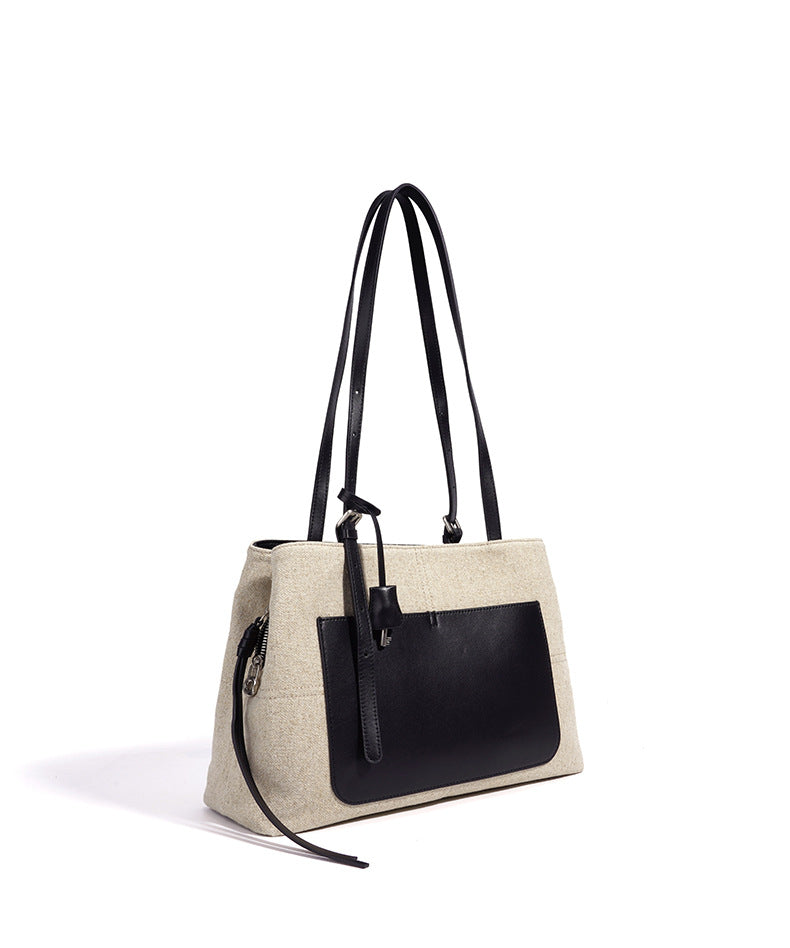 High-End Design Women's Bag 100% Genuine Leather and Linen Fabric Single Shoulder Bag Niko