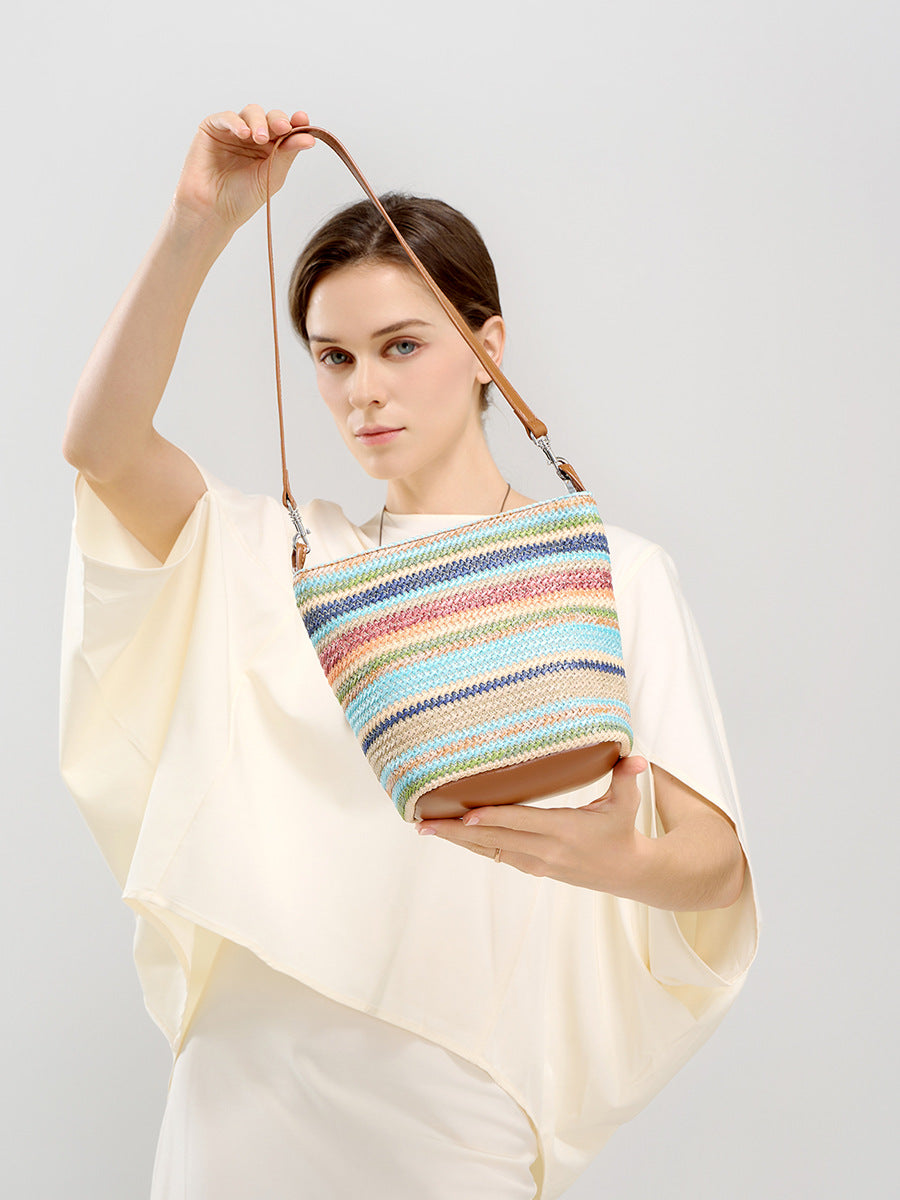 Design Women's 100% Genuine Leather Single Shoulder or Crossbody Straw Woven Bag Rancho