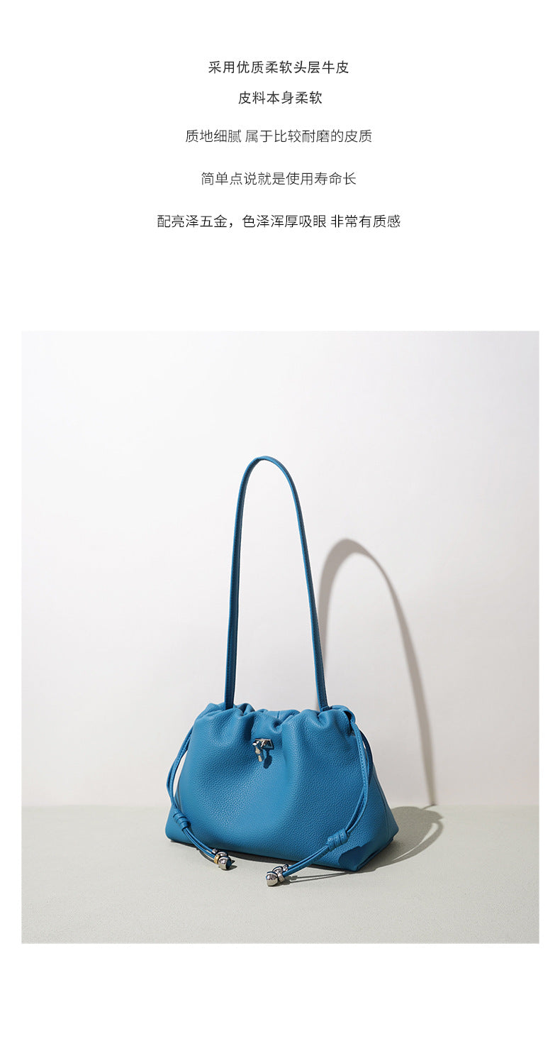 High-End Design Women's 100% Genuine Leather Single Shoulder Pleated Cloud Bag Roma