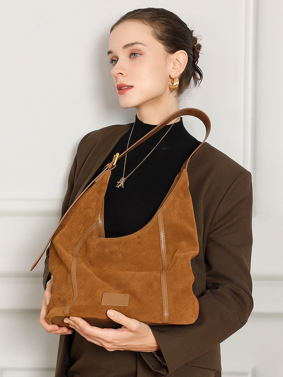 Women's 100% Genuine Leather Suede Long Handle Single Shoulder and Crossbody Bag Blois