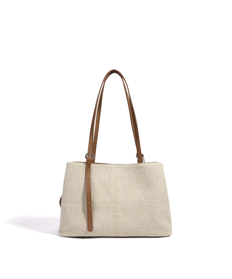 High-End Design Women's Bag 100% Genuine Leather and Linen Fabric Single Shoulder Bag Niko