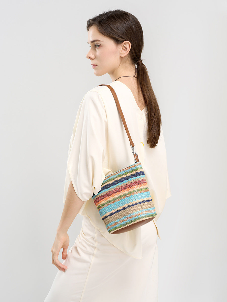 Design Women's 100% Genuine Leather Single Shoulder or Crossbody Straw Woven Bag Rancho