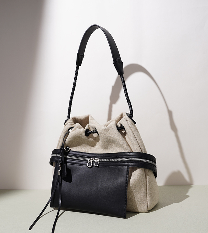 High-End Design Women's Bag 100% Genuine Leather and Linen Fabric Single or Cross Shoulder Bag Cabo Verde