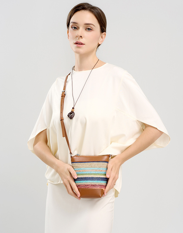 Design Women's 100% Genuine Leather Single Shoulder or Crossbody Straw Woven Bag Romeo