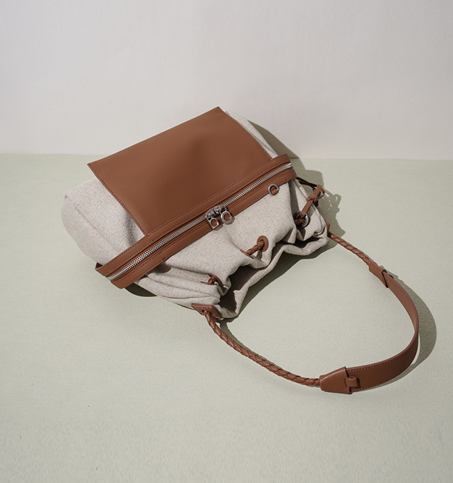 High-End Design Women's Bag 100% Genuine Leather and Linen Fabric Single or Cross Shoulder Bag Cabo Verde