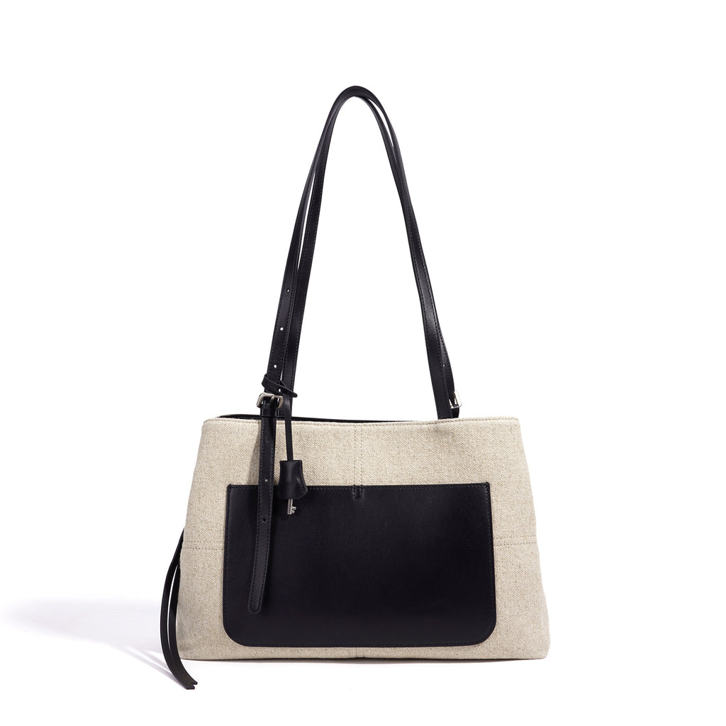 High-End Design Women's Bag 100% Genuine Leather and Linen Fabric Single Shoulder Bag Niko