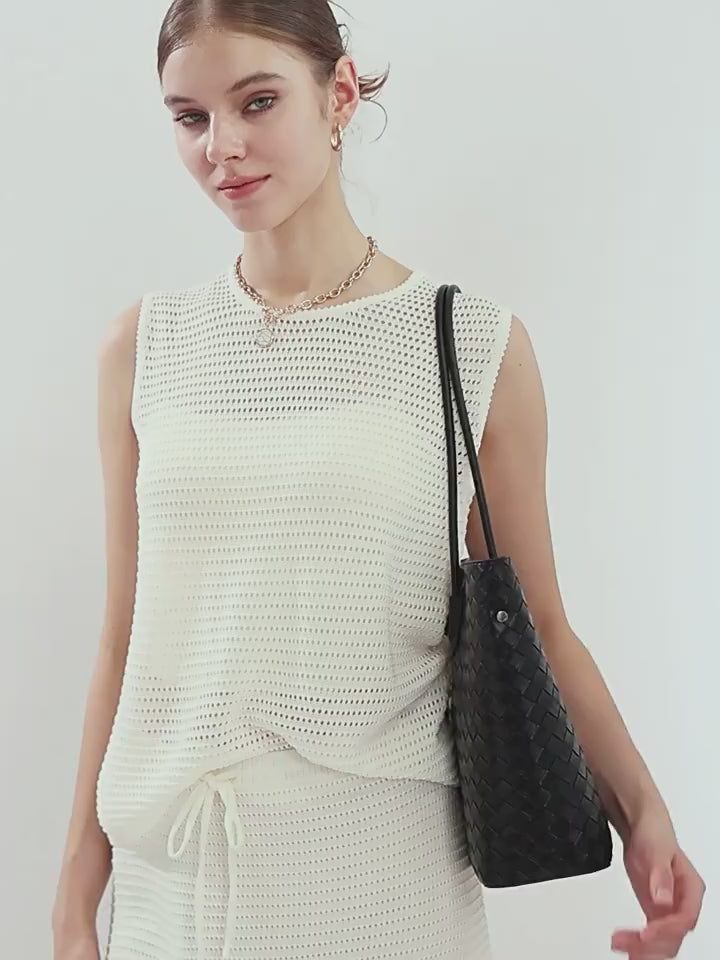 Designed Women's 100% Genuine Leather Single Shoulder Woven Tote Bag Sambuca