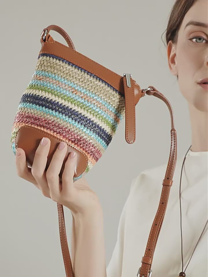 Design Women's 100% Genuine Leather Single Shoulder or Crossbody Straw Woven Bag Romeo
